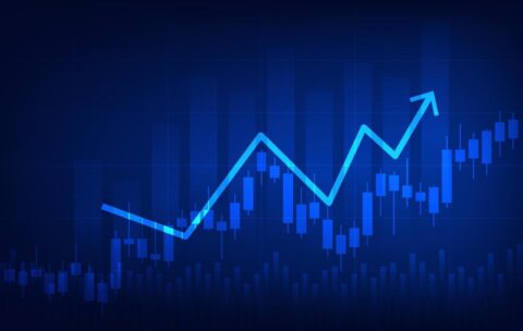 economy-and-finance-concept-financial-business-investment-statistics-with-stock-market-candlesticks-and-bar-chart-on-blue-background-vector